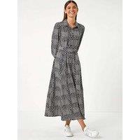 Roman Geometric Print Tie Waist Midi Shirt Dress - Black
