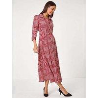 Roman Geometric Print Tie Waist Midi Shirt Dress - Red