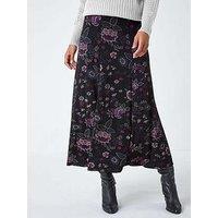 Roman Floral Print Midi Elastic Waist Stretch Skirt - Black