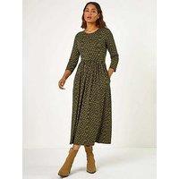 Roman Geometric Pocket Stretch Midi Dress - Khaki