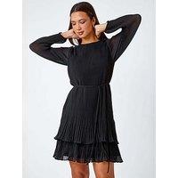Roman Pleated Frill Hem Swing Dress - Black