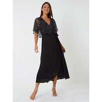 Roman Sequin Embellished Chiffon Wrap Maxi Dress - Black