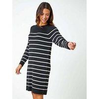 Roman Stripe Print Knitted Jumper Dress - Black