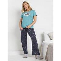 M&Co Purrfect Short Sleeve Wide Leg Pj Set - Blue