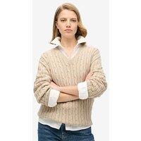 Superdry Oversized V Neck Cable Jumper - Beige