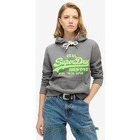 Superdry Neon Vintage Logo Embroidered Graphic Hoodie - Grey