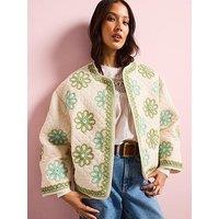 V By Very Padded Embroidered Floral Jacket - Cream