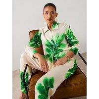 V By Very Green Flower Satin Shirt Co-Ord - Cream