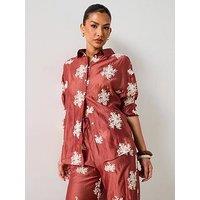 V By Very Floral Embroidered Co-Ord Shirt - Brown/Red