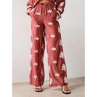 V By Very Floral Embroidered Wide Leg Co-Ord Trousers - Brown/Red