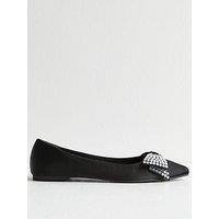 New Look Crystal Bow Satin Ballet Flats - Black