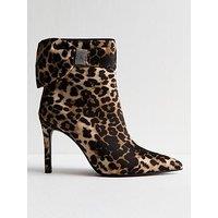 New Look Brown Leopard Satin Bow Embellished Stiletto Heel Ankle Boots - Print