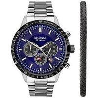 Sekonda Mens Velocity Silver Stainless Steel Bracelet With Blue Dial Chronograph Gift Set