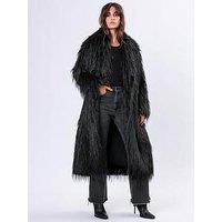 Religion Long Hair Faux Fur Coat - Black
