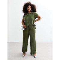 New Look Curves Khaki Pliss&Eacute; Wide Leg Trousers - Green