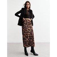 New Look Leopard Satin Midi Skirt - Brown