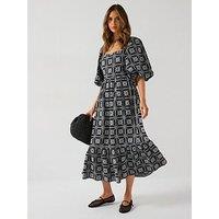V By Very Puff Sleeve Check Embroidered Midi Dress - Black