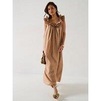 V By Very Ruffle Square Neck Trapeze Dress - Beige