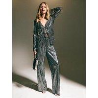 New Look Metallic Plisse Wide Leg Trousers - Silver