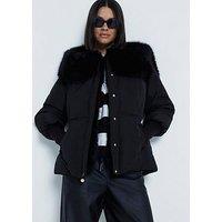 River Island Padded Faux Fur Collar Jacket - Black