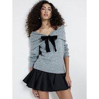 River Island Bardot Bow Jumper - Light Grey