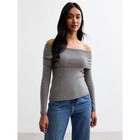 New Look Ribbed Knit Bardot Top - Grey