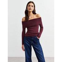 New Look Burgundy Ribbed Knit Bardot Top - Red