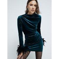 River Island Drape Velvet Feather Mini Dress - Green