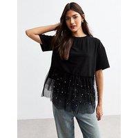 New Look Faux Pearl Tulle And Jersey T-Shirt - Black