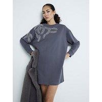 River Island Washed Embellished Leaf Sweat Dress - Dark Grey
