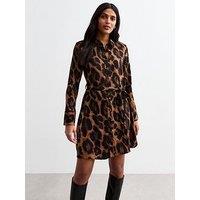 New Look Brown Leopard Long Sleeve Shirt Dress - Print