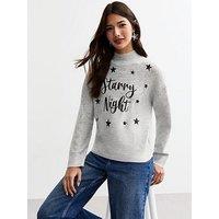 New Look Grey Starry Night Slogan High Neck Jumper - Print