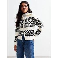 New Look White Fair Isle Knit Zip Cardigan - Print