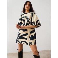 V By Very Abstract Mono Print Puff Sleeve Mini Dress - Dark Print