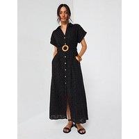 V By Very Belted Broderie Midaxi Shirt Dress - Black