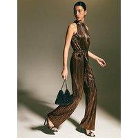 New Look Metallic Plisse Halterneck Jumpsuit - Gold