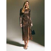 New Look Bronze Knotted Metallic Plisse Midaxi Dress - Brown
