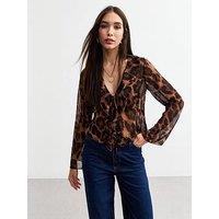 New Look Brown Leopard Print Frill Trim Crepe Blouse