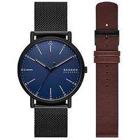 Skagen Signature Three-Hand Black Stainless Steel Mesh Watch And Strap Set