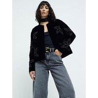 River Island Velvet Floral Quilted Jacket - Black