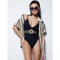 River Island Textured Elastic Plunge Swimsuit - Black