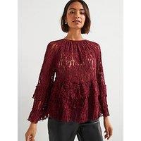 V By Very Tiered Frill Lace Top - Plum