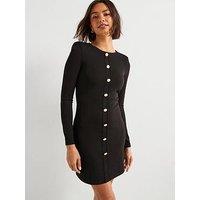 V By Very Button Detail Long Sleeve Mini Shift Dress - Black