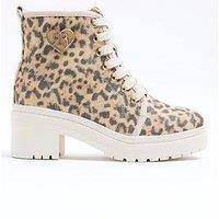 River Island Girls Leopard Canvas Heeled Boot - Beige