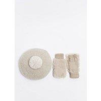 River Island Girls Faux Fur Beret And Mitten Set - Beige