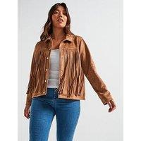 V By Very Curve Fringe Suedette Jacket - Beige