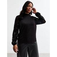 New Look Sequin Embellished Lace Sleeve Top - Black