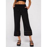 V By Very Linen Blend Crop Trousers With Lace Trim Hem - Black