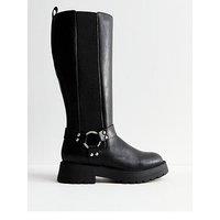 New Look Wide Fit Triple Strap Buckle Faux Leather Knee High Boots - Black