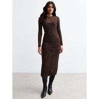 New Look Brown Leopard Long Sleeve Midi Dress - Print